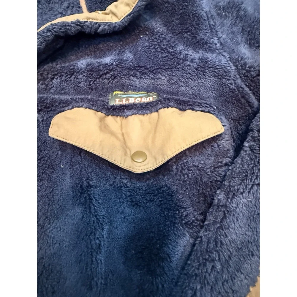 LL Bean Fleece Pullover Mens L Blue Hi-Pile Snap Mock Neck Elbow Patch Hiking